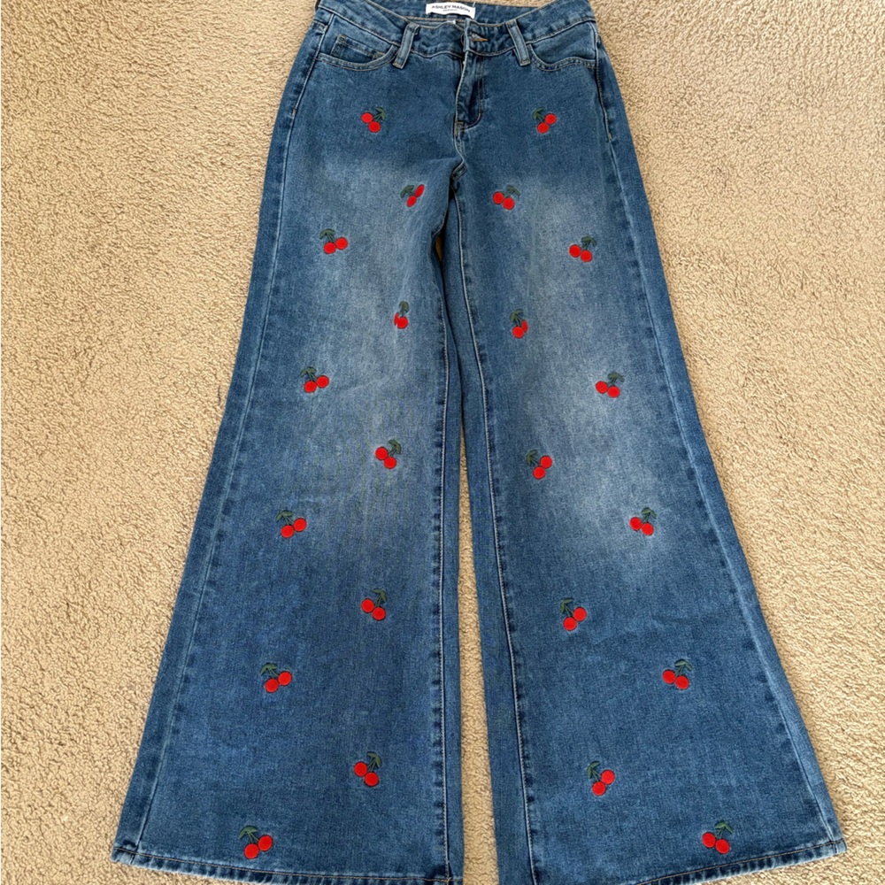 Ashley Mason Blue Jeans with Cherry Embroidery